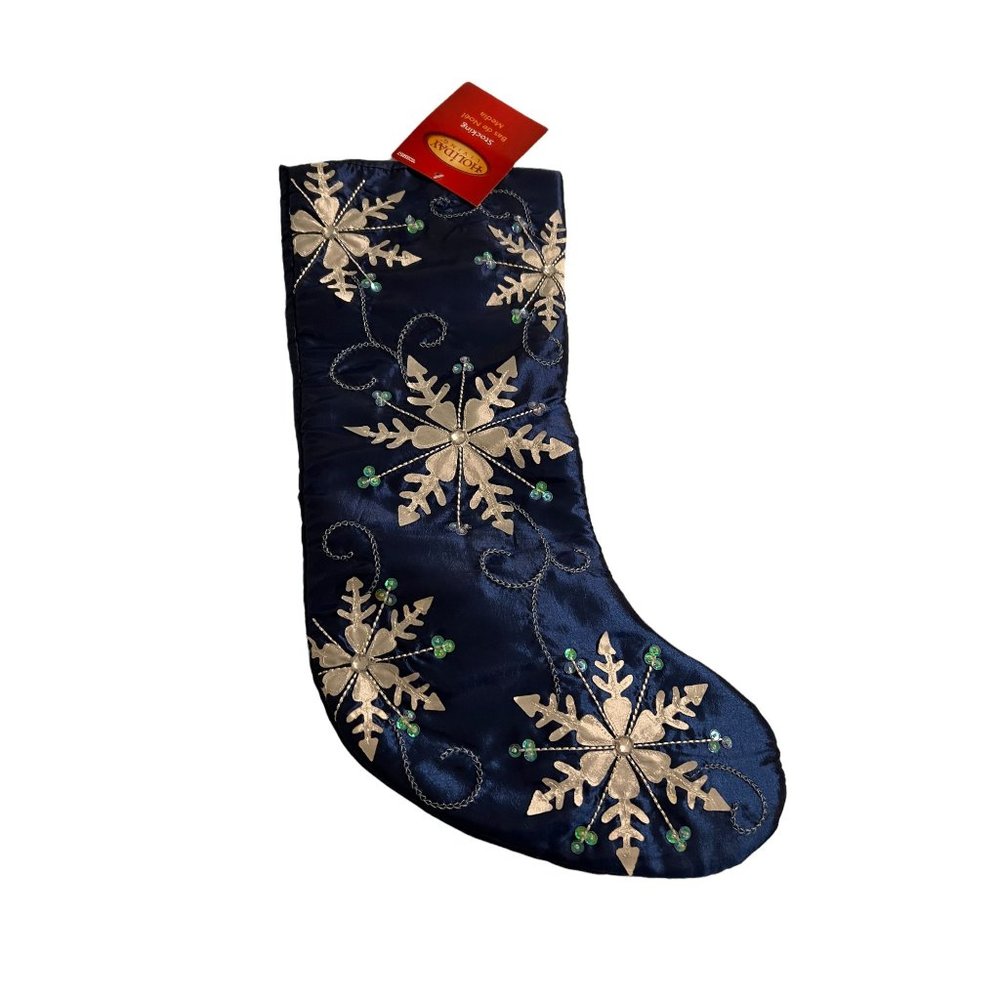 Holiday Collection Blue Satin Stocking Christmas Snowflake Sequin NEW With Tags